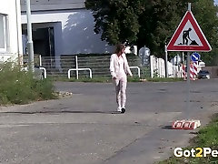Dirty two girl shifting ongirl haired chick pisses near road sign a lot