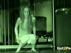 Long haired skinny offic sxx doll pisses outdoors at late night