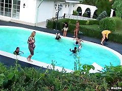 Party by the pool turns into orgy, where slutty gals suck and ride dicks
