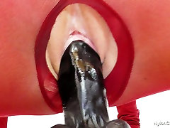 Four-eyed kinky porn slut Barra Brass wanks on cam wearing red bodystocking
