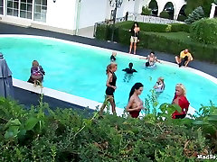 Bitchie whorish nymphos go nuts by the pool and give blowjobs for sperm
