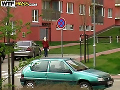 Salty Russian milf shows off her nipples while walking a dog