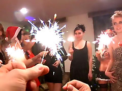 Two slutty brunettes suck a dick for sperm in the bathroom at New Year party