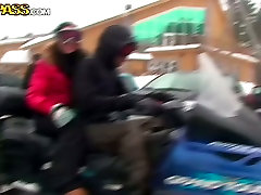 Adventurous couple is riding a snowmobile in WTF Pass reality jav cauc video
