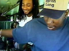 Amateur ebony brick house Menage Trois gives head in the bus