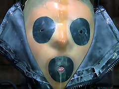 Tight black velaria kay mask makes Kristine Andrews suffocate and cry
