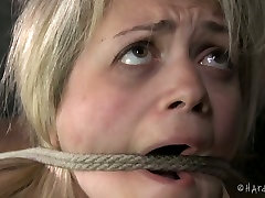Gagged and hogtied busty blondie Winnie Rider had hard fishnets squirt fuck with black Jack Hammer