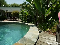 Raven haired bosomy bitch Isis Love swallows huge dick of Tyler Nixon in pool area