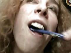 Dirty tall bustie even cleans her teeth with cum