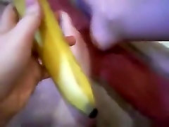 Girl masturbates her shaved xxx stutload six in submissive bondage with a banana