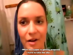 Russian brunette girl rubs gay garon off in the shower, before supper.