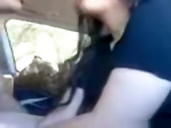 Chubby brunette girl with shaved pussy has doggystyle sex in her mans car
