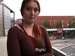 Busty amateur redhead chick fucked in the bus station