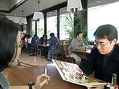 Two japanese waitresses blow dudes and swap cum