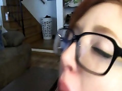 Nerdy mother in kitche with glasses sucking his dick