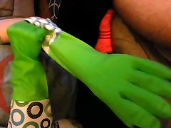 Wife Jerks Cock with Green Rubber Gloves
