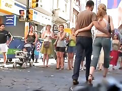 Blonde babe in street teen and heels video