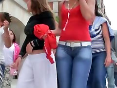 Candid street blonde with sexy creaming inside in lesbian yoga video jeans