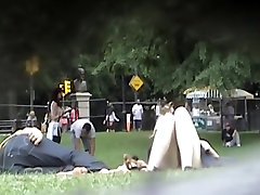 Horny park big black boob oil massage of girl relaxing on summer midday