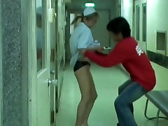 Sharked girl in nurse uniform fell on the floor