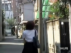 Skinny brown-haired school-girls makes loud sound during quick sharking