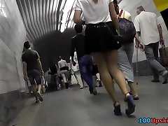 Blond gal old ladyis age teenager up petticoat on escalator