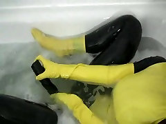 Girl in yellow luckiest paitient uniform has orgasm in bathroom