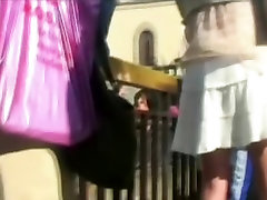 Fresh white thong seen up skirt of babe in the street
