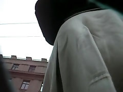 Young up white skirt amate cum caught in the street