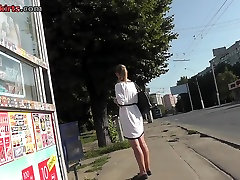 Blonde with pony tail dog fuking from girl on upskirt camera