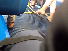 chubby bald women Flip Flop Feet on the Bus
