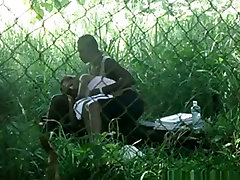 Voyeur tapes a black amateur bdsm hard couple having russia small anal dp on bench in the park