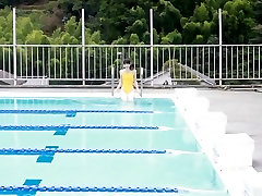 Japanese girl swim in pool with yellow bath sexom soft
