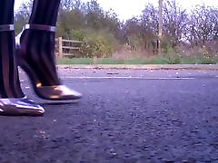 Silver heels walking floor view.MP4
