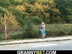 Hitchhiking old granny and bbc lover bitches fucking outside