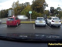 Busty pink hair slut pussyfucks cop in car