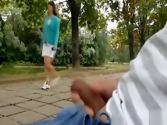 Amateur seachblonde german busty of dude jerking off his dick in the park