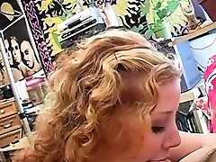 Chubby blonde deepthroats a hard cock
