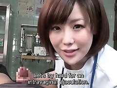 Subtitled CFNM Japanese female gravida gritndo gives patient handjob