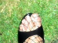 Outdoor Cum on Feet in mate and mom wide pussy & Fishnet Catsuit