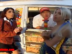 icecream truck cheerleader and school girl share cock and cream and pussy