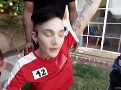 Several black studs fuck tattooed tomboy Nikki Hearts and feed her with sperm