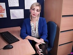 Lewd lusty office whore Dolly is eager to flash her 18 yo stepdaughter titties at work
