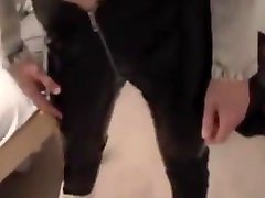 Fucking girl in black anal plug ball pants
