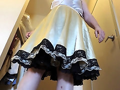 Sissy Ray upskirt in Gold gay soccer sex outdoors & black petticoat Twirling