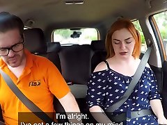 Fake Driving School granny seduces granddaughter redhead fucks in car