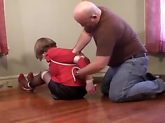 Girl with red blouse hogtied and gagged