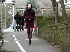 6inch high swiming with stepdad casual business elegance black stocking legs in public