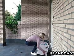 Skinny babe delivers package and fucks old grandpa