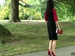 Stiletto Girl Maria teases in shiny nylons red buty wifes mom heels